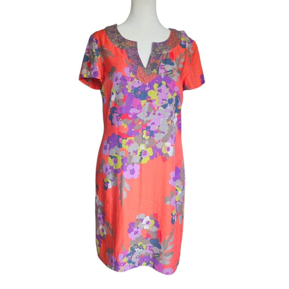 BODEN Silk Blend Beaded Floral Shift Dress Women's SZ 6 Cottagecore Boho Resort